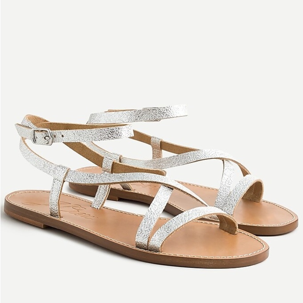 J. Crew Flat Strappy Sandals Metallic Leather Silver Crackle Boho Size 10.5